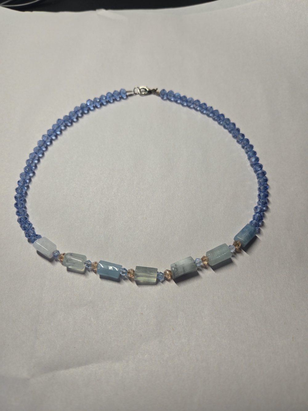 Light Blue Faceted Bead Necklace with Rectangular Aqua Accents